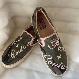 Juicy Couture olive green camouflage canvas slip on sneakers  pink accen…